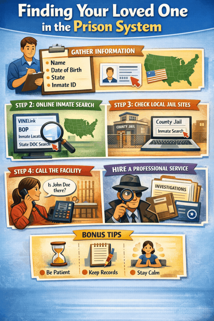 Step-by-step infographic showing how to find an incarcerated person in the U.S. prison system using inmate search tools, jails, and official resources