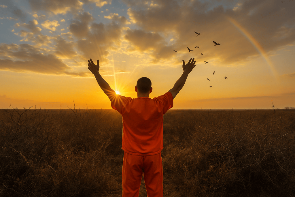 Former inmate standing with arms raised at sunrise, facing an open field of thorny bushes, symbolizing freedom, struggle, and hope after incarceration
