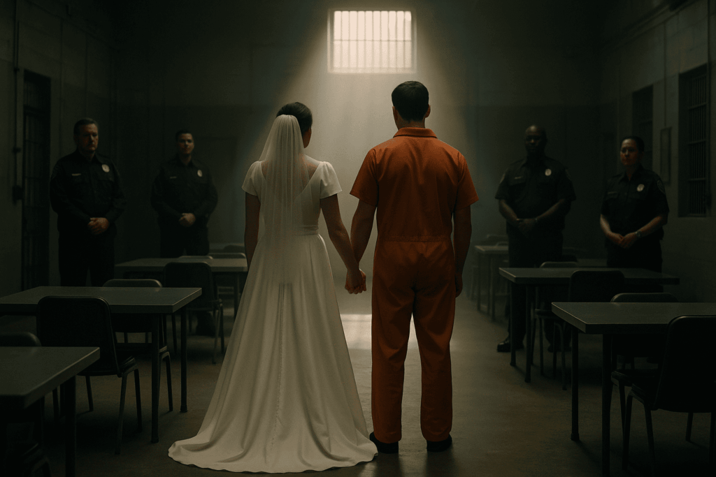 Bride in a white wedding dress holding hands with a groom in an orange prison jumpsuit, standing inside a prison visitation room surrounded by guards